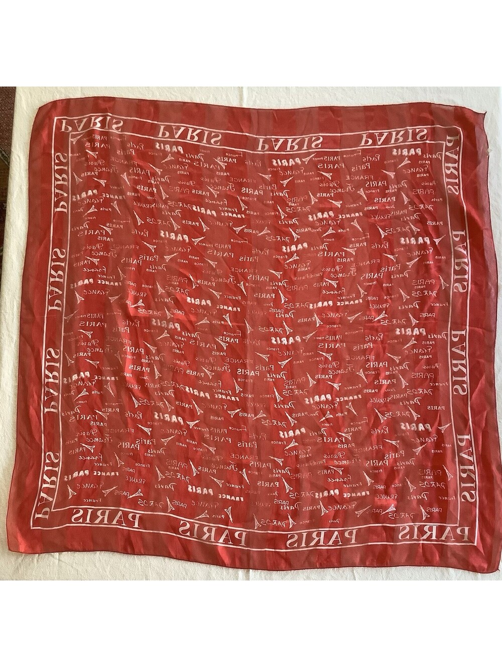 Paris, France, White on Red Scarf  100% Polyester 39" Square - Picture 7 of 9